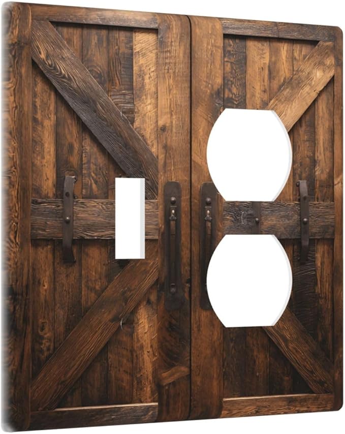 Decorative Outlet Covers Retro Brown Wood Barndoor 2 Gang Light Switch Cover Plate Single Toggle Duplex Wall Plates for Electrical Outlets Switch Plate Covers for Farmhouse Home Decor