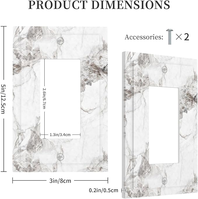 White And Gray Marble Patterns Texture Abstract Print Decorative Outlet Covers 1 Gang Single Rocker Light Switch Cover Plate Wall Plates GFCI Faceplate for Bathroom Kitchen Decor