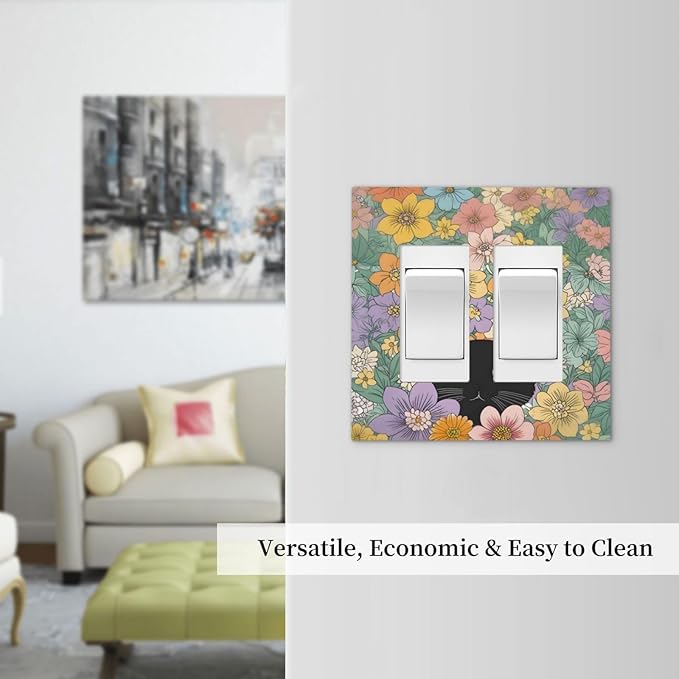 Decorative Outlet Covers Funny Cute Cartoon Cat Floral Colorful Flower 2 Gang Double Gfci Rocker Electrical Wall Panels Light Switch Cover Plate For Kids Room Nursery Decor