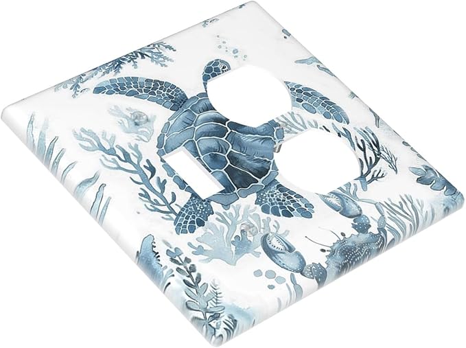 Blue Sea Turtle Coastal Coral Beach Crab Seaweed Wallplates 1 Toggle 1 Duplex Switch Plate Electrical GFCI Faceplate Decorative Light Switch Covers for Kids Room Bathroom Decor