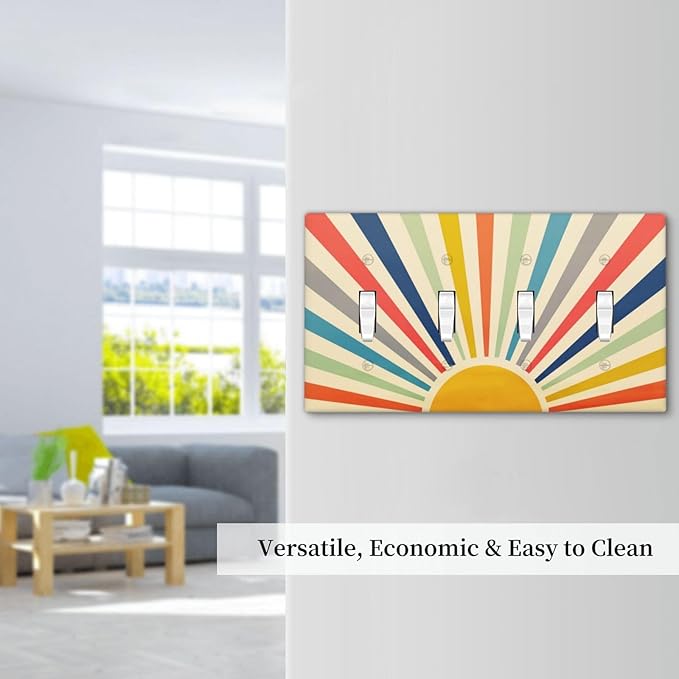 70s 60s Hippie Bohemian Minimalist Aesthetics Art Mid Century Boho Abstract Sun Sunrise 4 Gang Quad Toggle Outlet Cover Light Switch Cover Wall Plate Electrical Faceplate