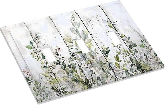 Sage Green Eucalyptus Rustic Country Botanical Leaf Flower Decorative Switch Plates 3 Gang Wall Plate Triple Toggle Light Switch Cover Faceplate Electrical Wall Panels for Farmhouse Bedroom Decor