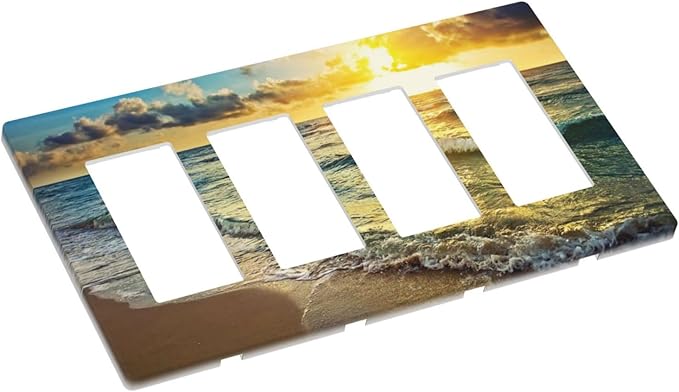 Sea Ocean Beach Sun Wave Sunrise 4 Gang Quad Rocker Light Switch Cover Plate Decorative Electric Faceplate Switchplate Living Room Bedroom Decorate Jumbo Screwless