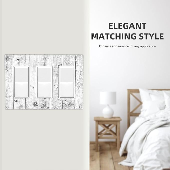 Light Switch Covers Rustic White Grey Wood Grain 3 Gang Rocker Electrical GFCI Decorative Triple Outlet Wall Plate Cover Switchplate for Farmhouse Home Decor