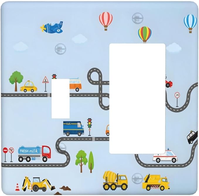 Road Construction Car Truck Hot Air Balloon Outlet Covers 1 Toggle 1 Rocker Combination Decorative Wall Plate Electrical Switch Plates Light Switch Cover Plate for Nursery Kids Room Decor