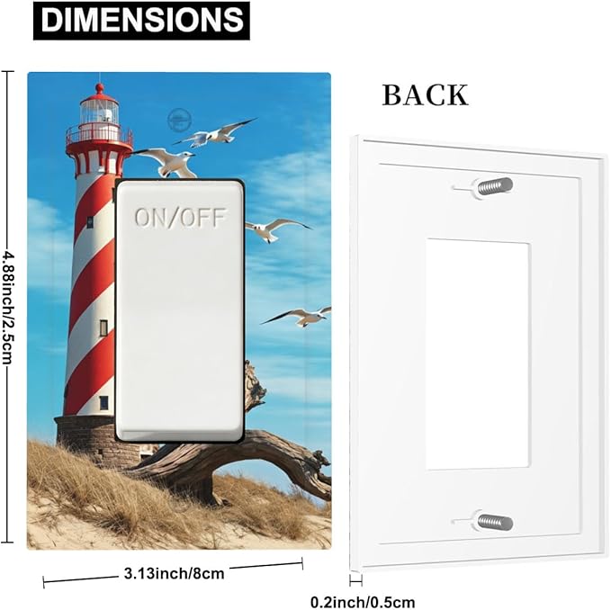 Lighthouse Coastal Scene Single Rocker Switch Cover - 1-Gang Standard US Size Nautical Coastal Beacon Light Switch Covers for Living Room Bathroom Decor