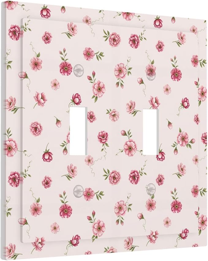 Pink Ditsy Floral Double Toggle Switch Cover - 2-Gang Standard US Size French Country Petite Floral Light Switch Covers, Vintage Shabby Chic for Girls Room