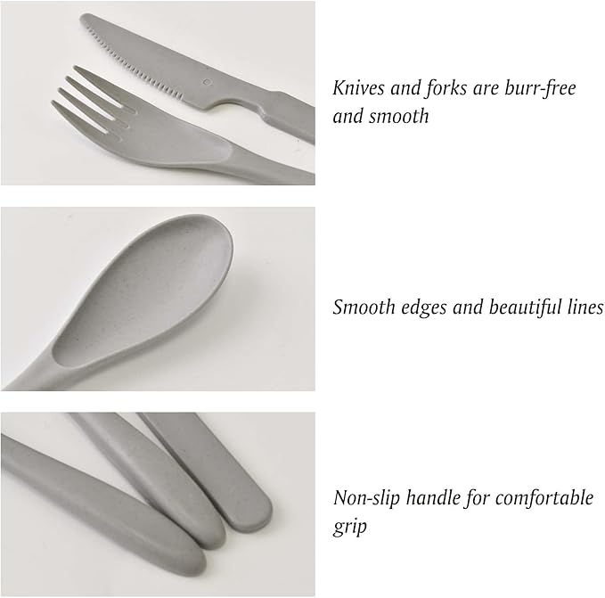 8 Sets Knives Spoons and Forks, Thickened Design Wheat Straw Cutlery, Reusable Utensils Set for Kid or Adult, Fork Spoon Knife Set for Party, Travel, Work, Picnic, Camping (Blue and gray)