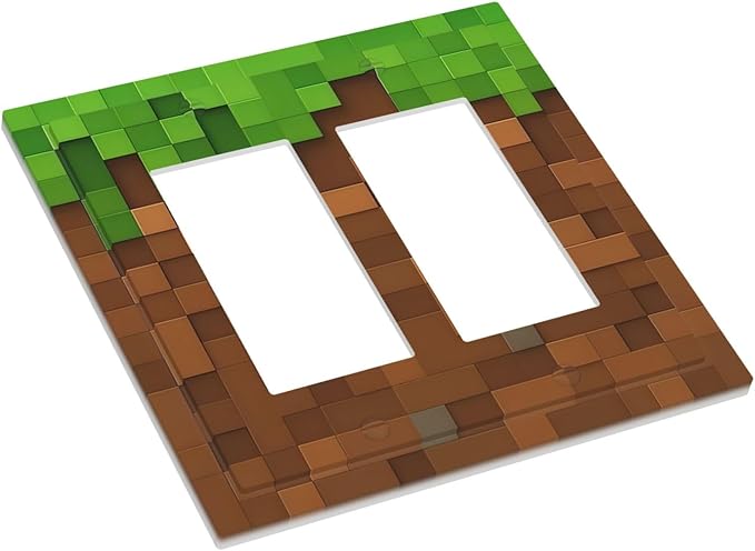 Pixel Style Gamer Themed Grass Block Decorative Outlet Covers 2 Gang Double GFCI Rocker Electrical Wall Panels Light Switch Cover Plate for Kids Room Office Home Decor