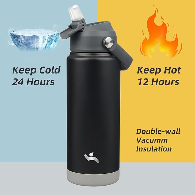 Konokyo Insulated Water Bottle with Straw Lid,24 oz Stainless Steel Vacuum Metal Bottle with Silicone Handle,Black