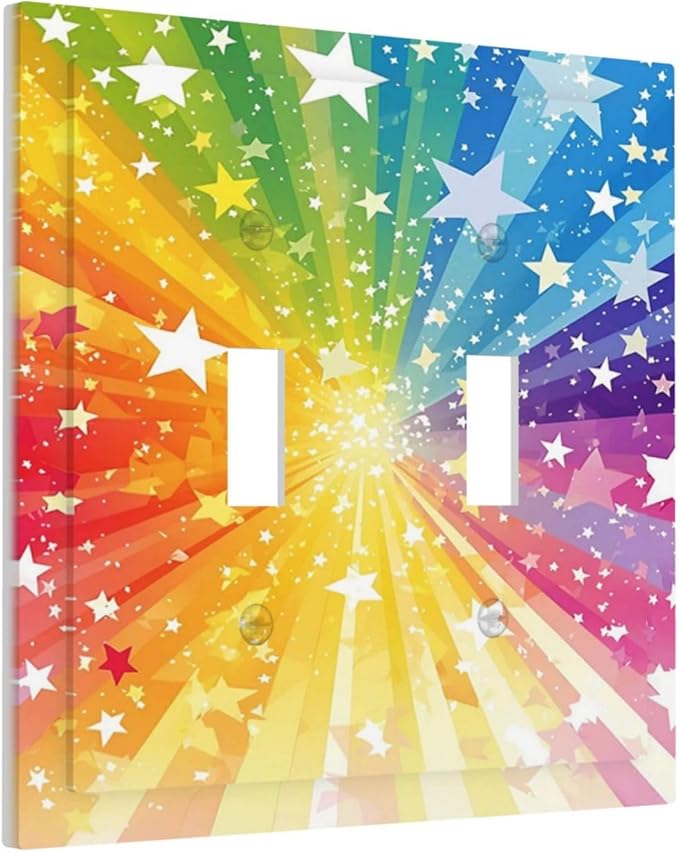 Light Switch Cover Plate Rainbowcolored Rays With White Stars 2 Gang Double Toggle Decorative Switch Plates Wall Plates Electrical Faceplate for Nursery Home Decor