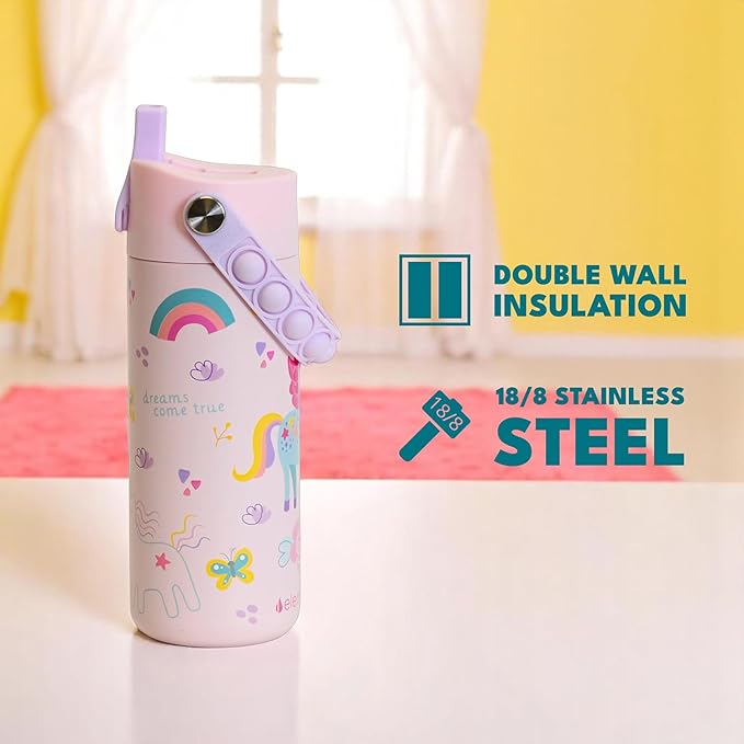 Elemental 100% Leak Proof When Spout is Closed Insulated Kids Water Bottle, Stainless Steel Bottle for School with Straw Lid & Pop-It Handle, Unicorn Rainbow & Unicorn Magic - 18oz (2 Pack)