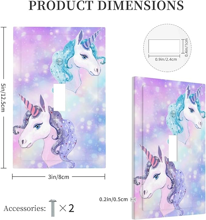 Colorful Purple/Blue Rainbow Unicorn Decorative Light Switch Cover 1-Gang Cute Kid Girl Girly Fantasy Kawaii Stars Single Toggle Wall Plate Electrical Device Outlet Switch Faceplate Cover Jumbo Size