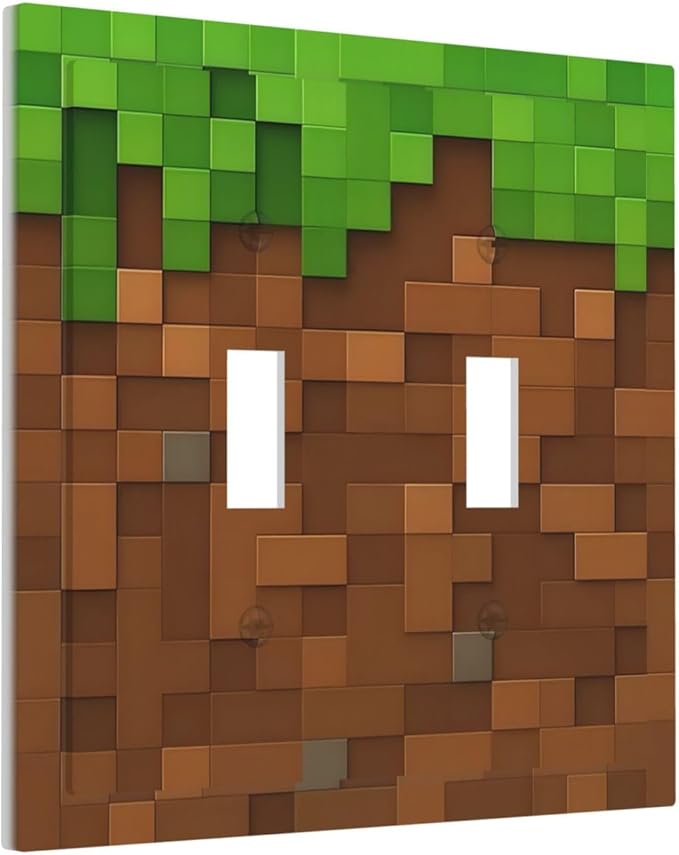 Pixel Style Gamer Themed Grass Block Decorative Switch Plates 2 Gang Double Toggle Outlet Light Switch Cover Wall Plate Electrical Faceplate for Kids Room Office Home Decor