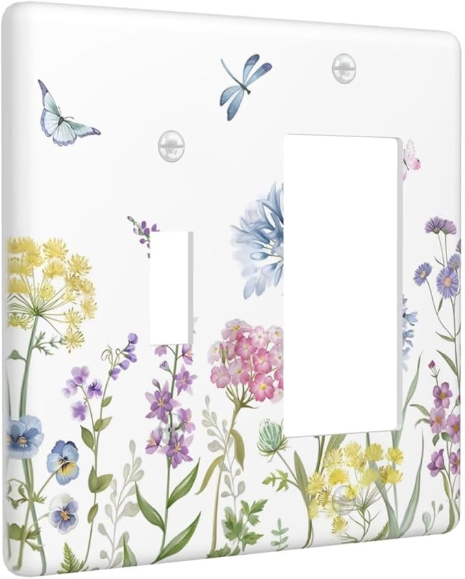 Colorful Wildflowers Dragonfly Lavender Butterfly Insect Outlet Covers 1 Toggle 1 Rocker Combination Decorative Wall Plate Electrical Switch Plates Light Switch Cover Plate for Bedroom Living Room
