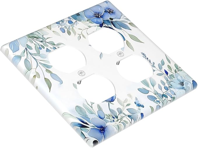 Watercolor Blue Flower Plant Floral Green Leaves Outlet Covers 2 Gang Double Duplex Decorative Light Switch Covers Electrical Wallplates Socket Faceplate for Bedroom Living Room Decor