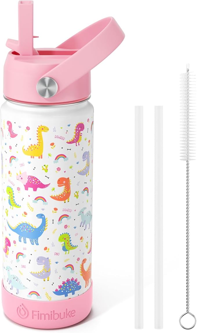 Fimibuke Kids Insulated Water Bottle, 18oz BPA FREE 18/8 Stainless Steel Kid Cup with Straw Travel Tumbler Double Wall Vacuum Leak Proof Toddler Water Bottle for School Boy Girl(1 Pack,White Dinosaur)