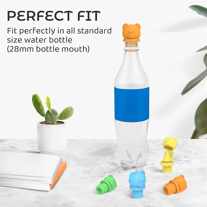 No Spill Water Bottle Caps - BPA Free Silicone Top Protects Child's Mouth, Replacement Spout Adapter for Toddlers to Adults - 4 Pack (Blue, Green, Yellow, Orange)