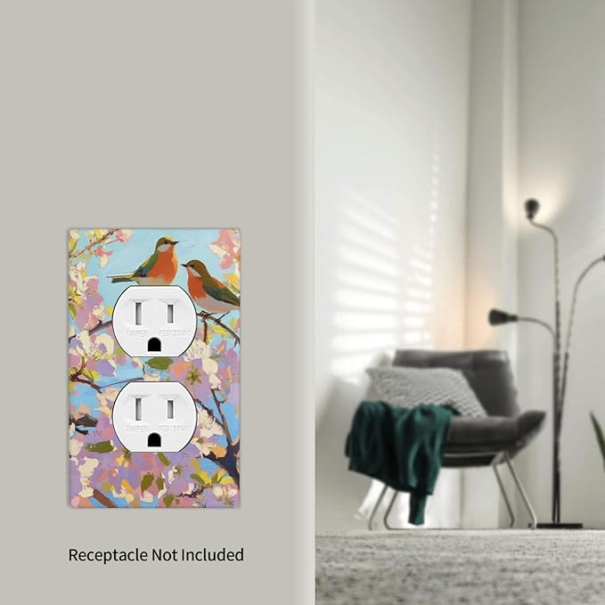 Bird Flower Single Duplex Receptacle Outlet Cover Wall Plate Decorative 1 Gang Light Switch Covers Electrical Switchplate Home Decorate Faceplat for Bathroom Bedroom Kitchen Room 4.5 x 2.76 Inch