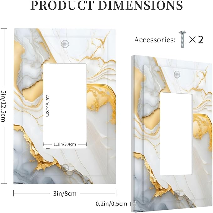 Exquisite White Gold Marble Abstract Luxurious Print Decorative Outlet Covers 1 Gang Single Rocker Light Switch Cover Plate Wall Plates GFCI Faceplate for Bathroom Kitchen Decor