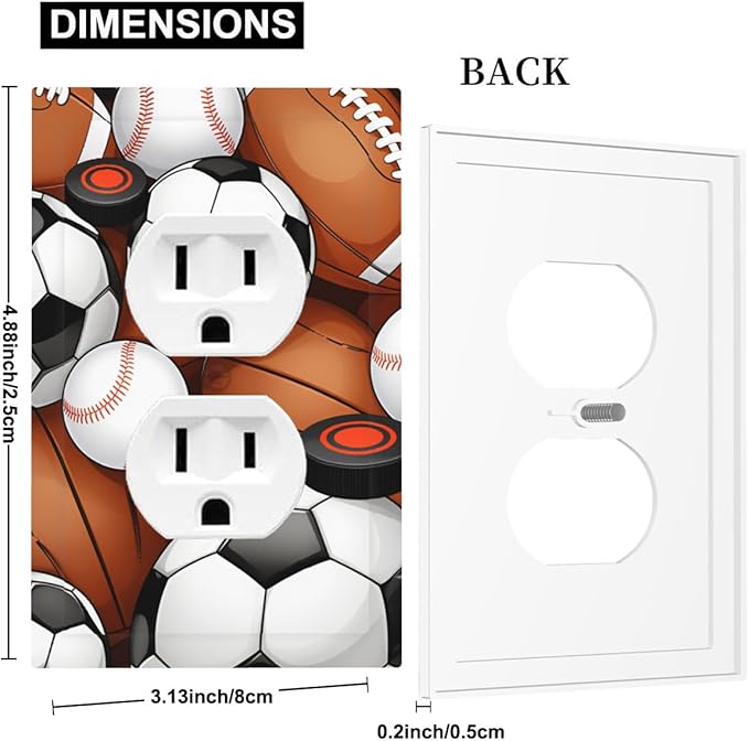 All-Star Sports Balls Collage Duplex Wall Plate - 1-Gang Standard US Size Football Baseball Soccer Game Day Themed Outlet Covers for Boy's Bedroom Decor