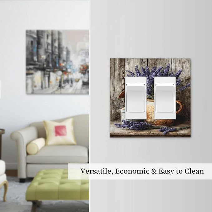 Rustic Flowers Lavender Purple Floral Oil Painting Decorative Outlet Covers 2 Gang Double GFCI Rocker Electrical Wall Panels Light Switch Cover Plate for Farmhouse Bedroom Decor
