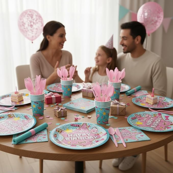Surprise Theme Party Supplies for kids Doll Themed Birthday Party,Blue & Pink Cartoon Doll Birthday Decorations Disposable Tableware Set With Plates, Cups, Napkins & Cutlery for 24 Guests
