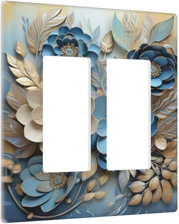Decorative Art Light Switch Covers Blue and Creamy Floral 2 Gang Dual Rocker Outlet Switch plate Faceplate GFCI for Home Decor