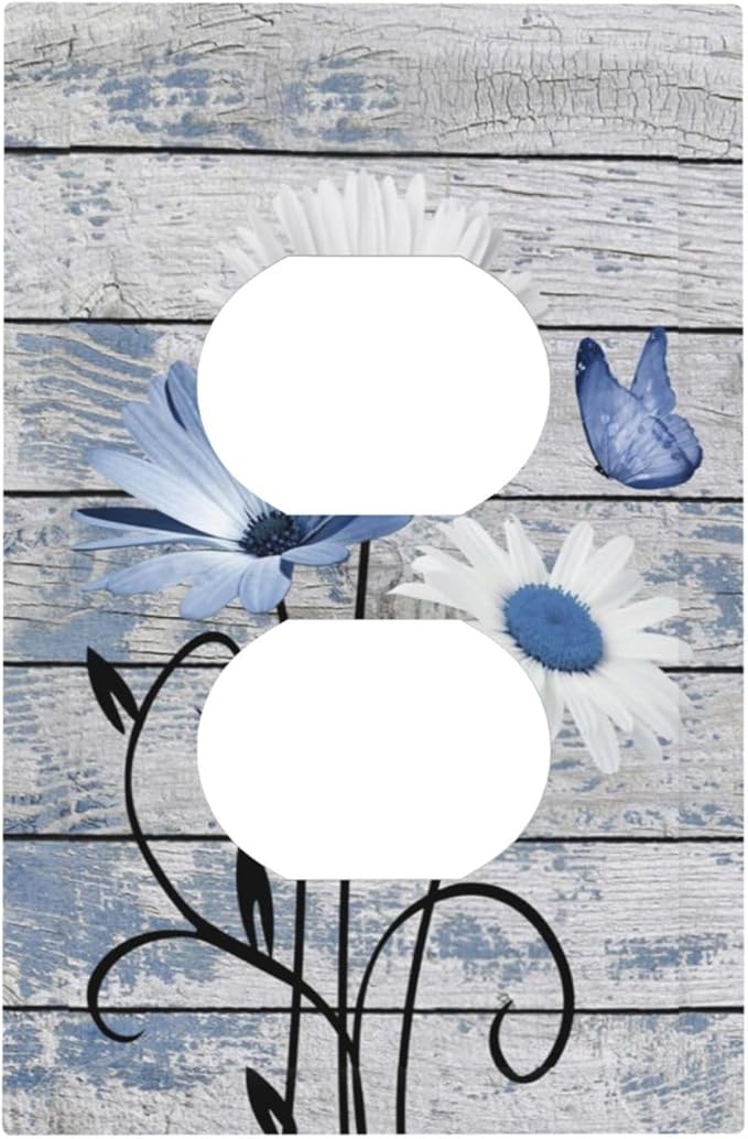 Blue White Daisy Flower Butterfly Rustic Wood Board Outlet Covers 1 Gang Duplex Light Switch Cover Decorative Switch Plates Electrical Receptacle Faceplate Wall Plate for Farmhouse Bedroom Decor