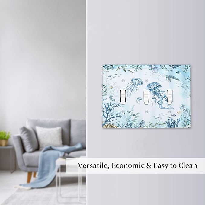 Decorative Switch Plates Jellyfish Teal Blue Ocean Turtle Coastal Beach 3 Gang Wall Plate Faceplate Triple Toggle Light Switch Cover Electrical Wall Panels for Bedroom Bathroom Decor