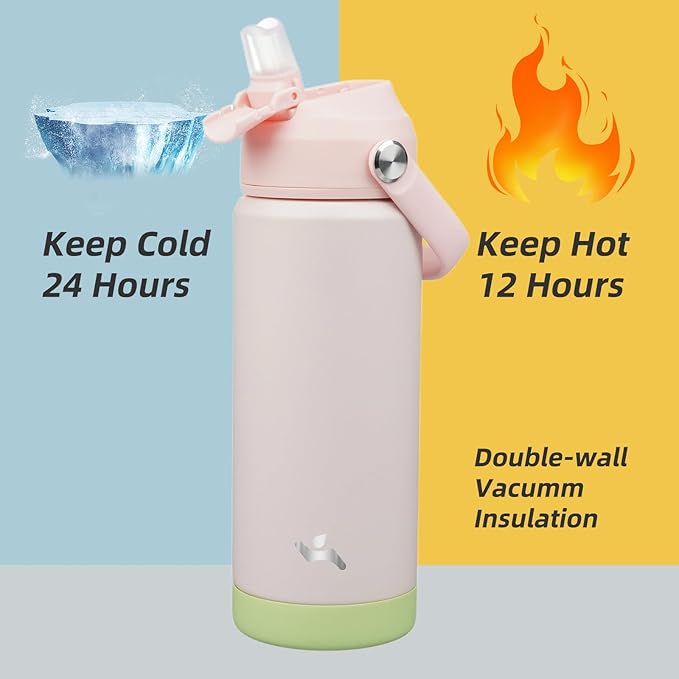 Konokyo Insulated Water Bottle with Straw Lid,18 oz Stainless Steel Vacuum Metal Bottle with Silicone Handle,Pearl
