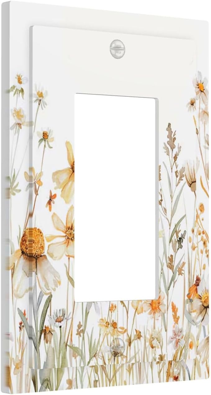 Yellow White Daisy Floral Bee Wild Flower Decorative Outlet Covers 1 Gang Single Rocker Light Switch Cover Plate Wall Plates GFCI Faceplate for Bedroom Living Room Decor