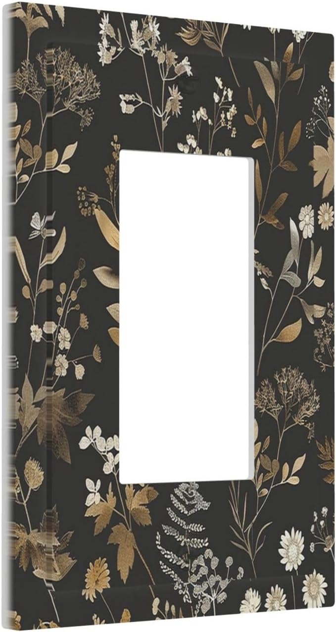 Decorative Outlet Covers Black Gold Floral Dark Leaves Vintage Flowers 1 Gang Single Rocker Light Switch Cover Plate Wall Plates GFCI Faceplate for Bed Room Home Decor