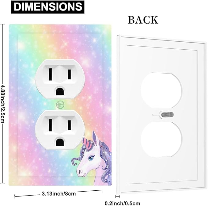 Rainbow Unicorn Duplex Wall Plate - 1-Gang Standard US Size Pastel Galaxy Sparkle Outlet Covers, Magical Fantasy for Kids Bedroom