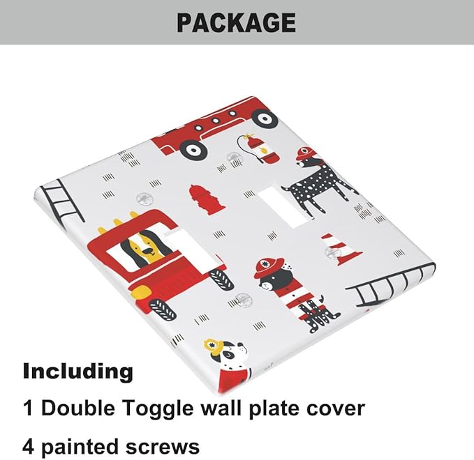 Cute Cartoon Fireman Double Toggle Light Switch Cover, Firefighter Fire Truck 2-Gang Wall Plate for Boys Bedroom Playroom Fireman Theme Decor