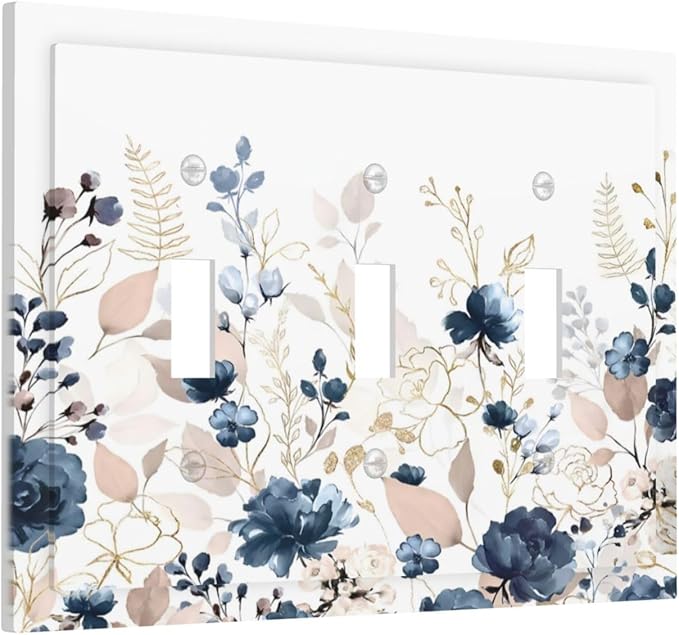 Blue Flora Boho Vintage Flower Golden Leaves Decorative Switch Plates 3 Gang Wall Plate Triple Toggle Light Switch Cover Faceplate Electrical Wall Panels for Bedroom Living Room Decor