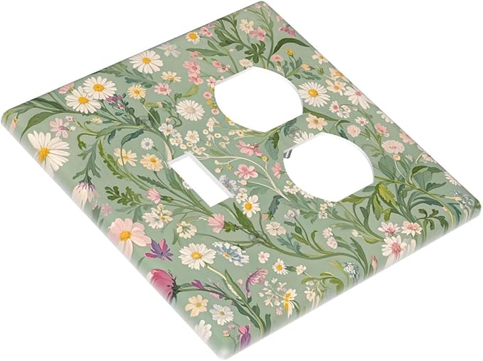 Decorative Switch Cover Plate with Vintage Wildflowers & Daisies on Light Green Background Design Toggle Duplex Wall Plate 2 Gang Light Switch Cover Outlet Covers