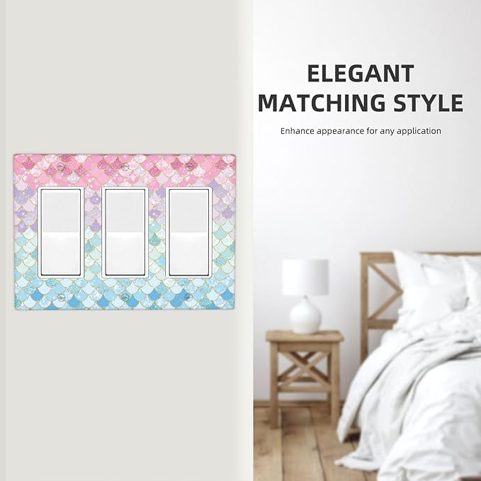 Colorful Mermaid Scales 3 Gang Rocker Light Switch Plate Cute Blue Triple Decora Outlet Wall Cover Faceplate Decorative Switchplate for Bathroom Girls Bedroom Kids Baby Nursery Living Room Decorate