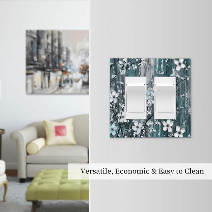 Rustic Blue Watercolor Flower Wooden Background Decorative Outlet Covers 2 Gang Double GFCI Rocker Electrical Wall Panels Light Switch Cover Plate for Bedroom Living Room Decor