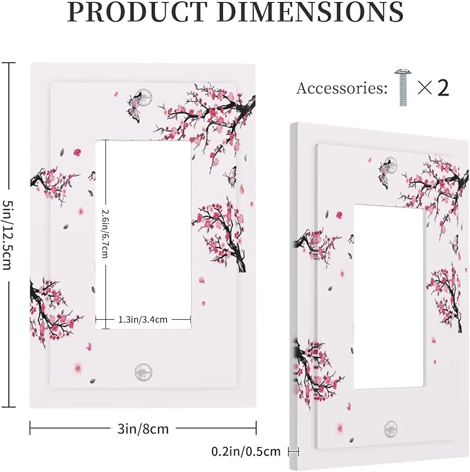 Pink Watercolor Cherry Blossom Flowe Tree Branch Floral Decorative Outlet Covers 1 Gang Single Rocker Light Switch Cover Plate Wall Plates GFCI Faceplate for Bedroom Living Room Decor