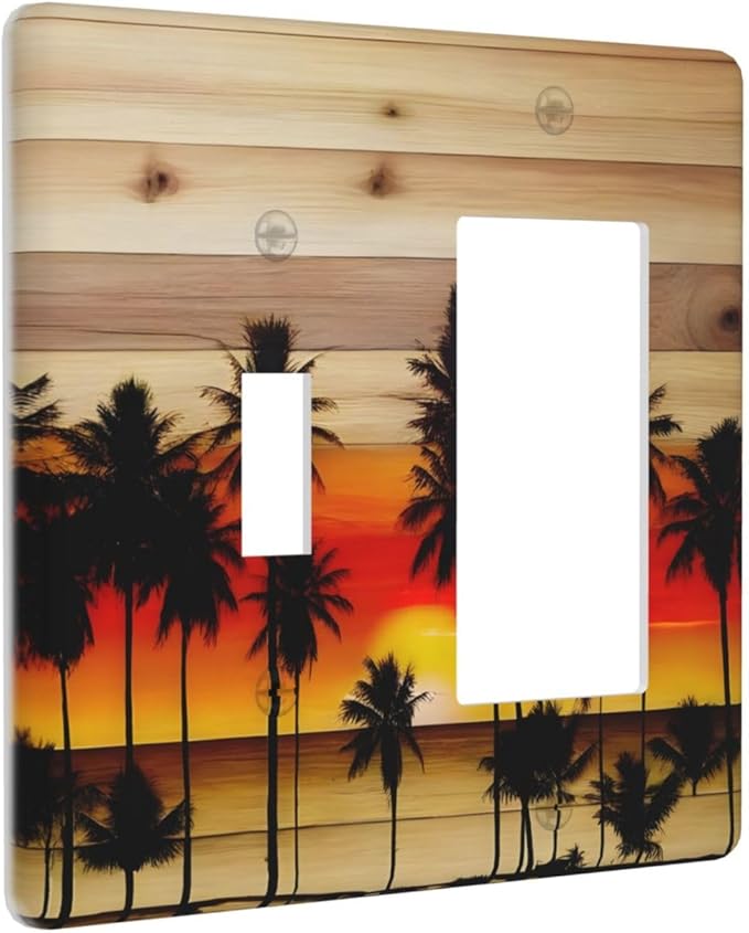 Sunset Beach Coconut Palm Tree Wooden Background Outlet Covers 1 Toggle 1 Rocker Combination Decorative Wall Plate Electrical Switch Plates Light Switch Cover Plate for Bedroom Living Room Decor