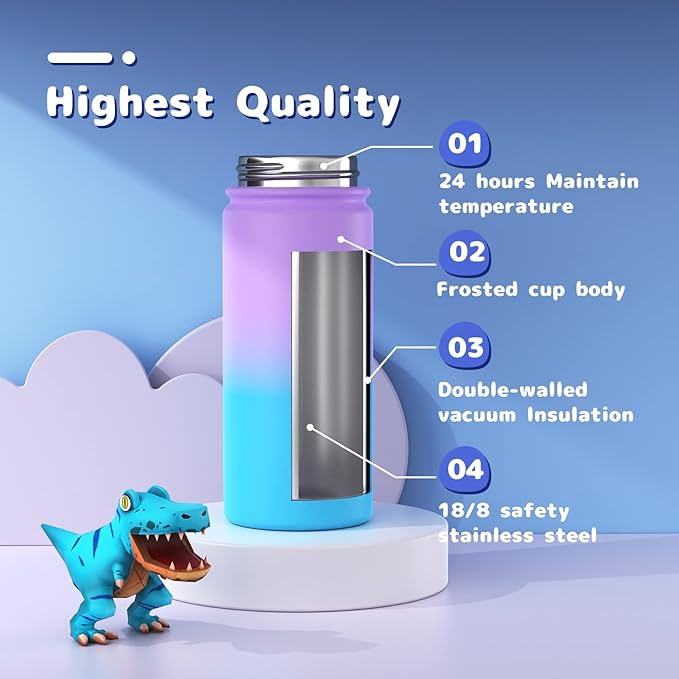 Kids Water Bottle, 2-Pack 16oz Water Bottles with Stickers and Straw, Stainless Steel Vacuum Insulated cup, Kids Water Bottle for School, Gifts for Boys and Girls(Blue/Purple)