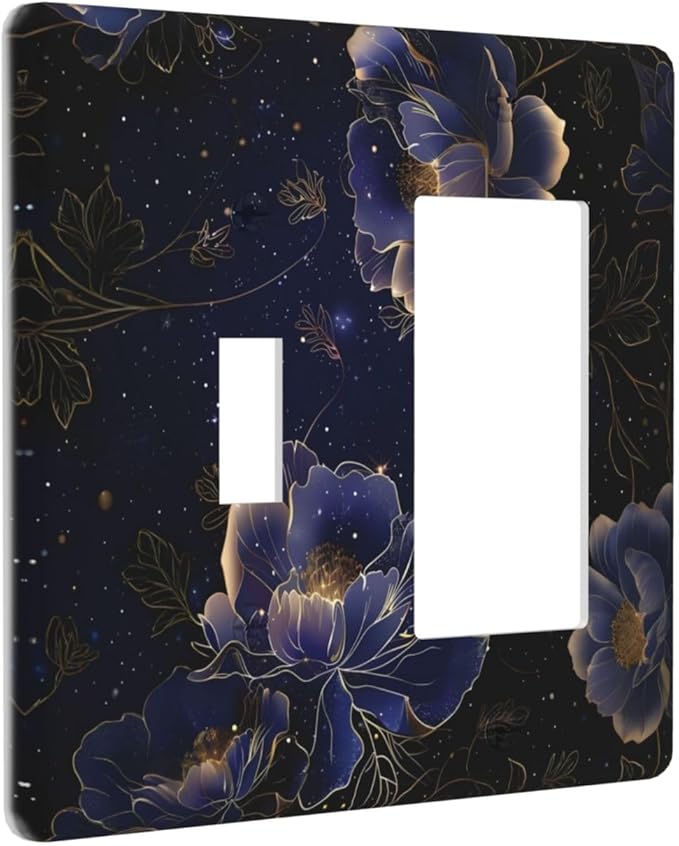 Navy Blue Floral Vintage Flower Dark Watercolor Outlet Covers 1 Toggle 1 Rocker Combination Decorative Wall Plate Electrical Switch Plates Light Switch Cover Plate for Bedroom Living Room Decor