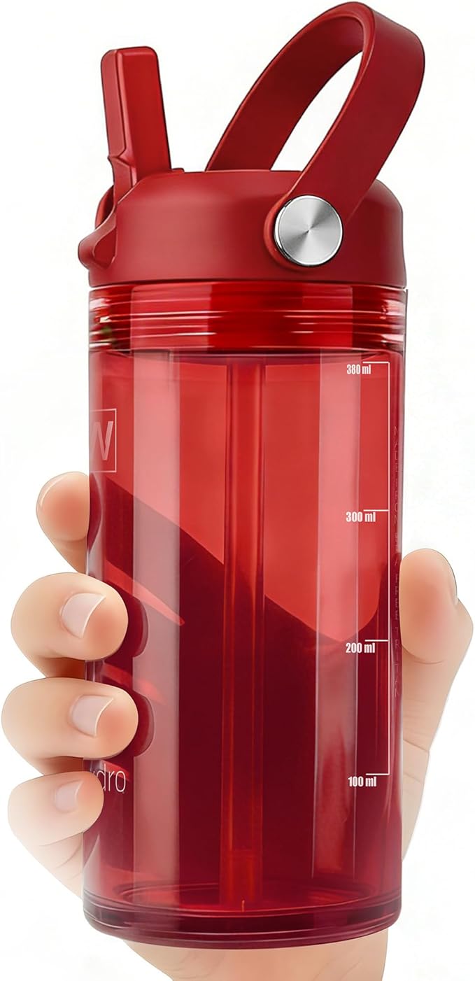 12oz Kids Water Bottle, BPA Free Thick Tritan Plastic Reusable, Clear Water Bottle with Straw, Leakproof Lid, Dishwasher Safe, Boy girl for School,Travel True Red