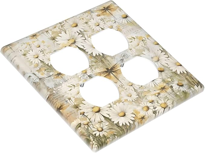 Vintage Letter Paper Wildflowers Dragonfly Daisy Floral Outlet Covers 2 Gang Double Duplex Decorative Light Switch Covers Electrical Wallplates Socket Faceplate for Farmhouse Bedroom Decor