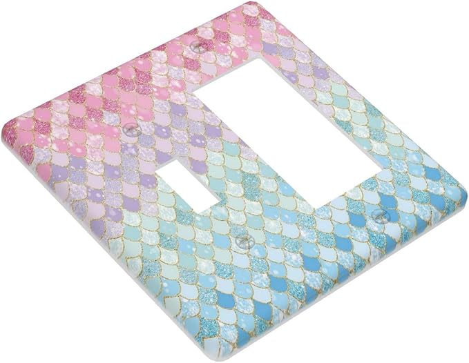 Colorful Mermaid Scales 2 Gang Single Toggle Rocker Combination Light Switch Cover Decorative Wall Plate Cover Electrical Faceplate for Bathroom Girls Bedroom Kids Baby Nursery Living Room Decorate