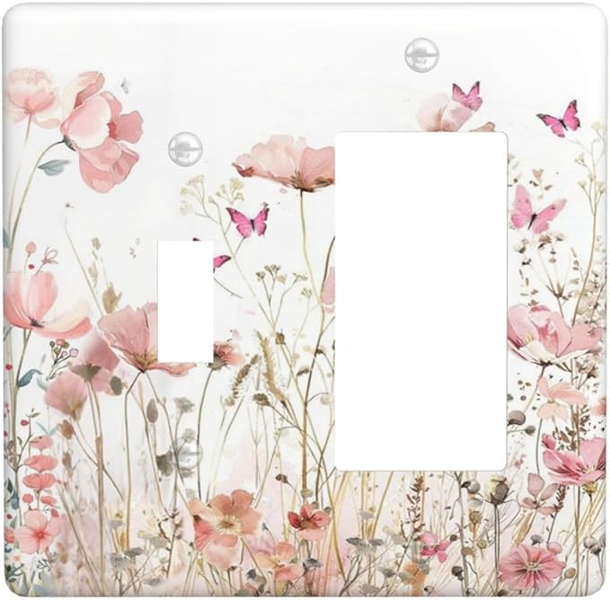 Boho Floral Watercolor Pink Wildflower Butterfly Outlet Covers 1 Toggle 1 Rocker Combination Decorative Wall Plate Electrical Switch Plates Light Switch Cover Plate for Bedroom Living Room Decor