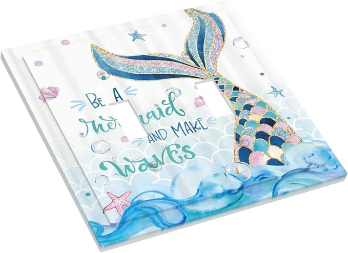 Mermaid Ocean Blue Waves Kids Girl Double Toggle Light Switch Covers Decorative 2 Gang Wall Plate Electrical Faceplate Switchplate for Kidroom Bathroom Bedroom Living Room Decor