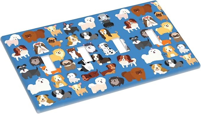 Cute Animal Dogs Puppy Decorative Outlet Cover Quad Toggle Light Switch Plate Cover Electricity Receptacles Plates For Home Kitchen Living Bedroom 8 * 4.5