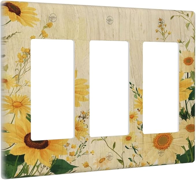 Decorative Light Switch Plate with Vintage Botanical Sunflower Field Design 3 Gang Outlet Covers Triple Rocker Wall Plate Switch Plate Cover for Nature Yellow Blooms Wall Decor